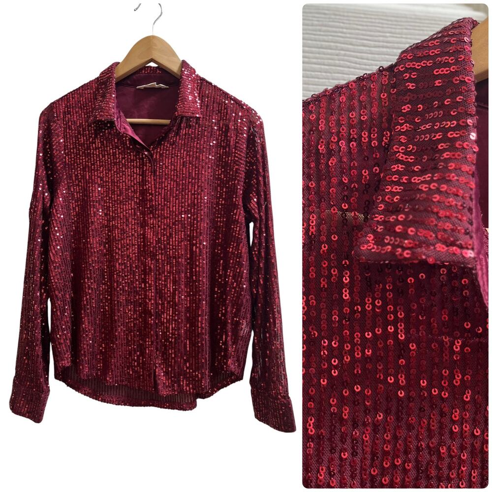 Lucky Brand Sequin Semi Sheer Long Sleeve Hidden Button Closure Top Small